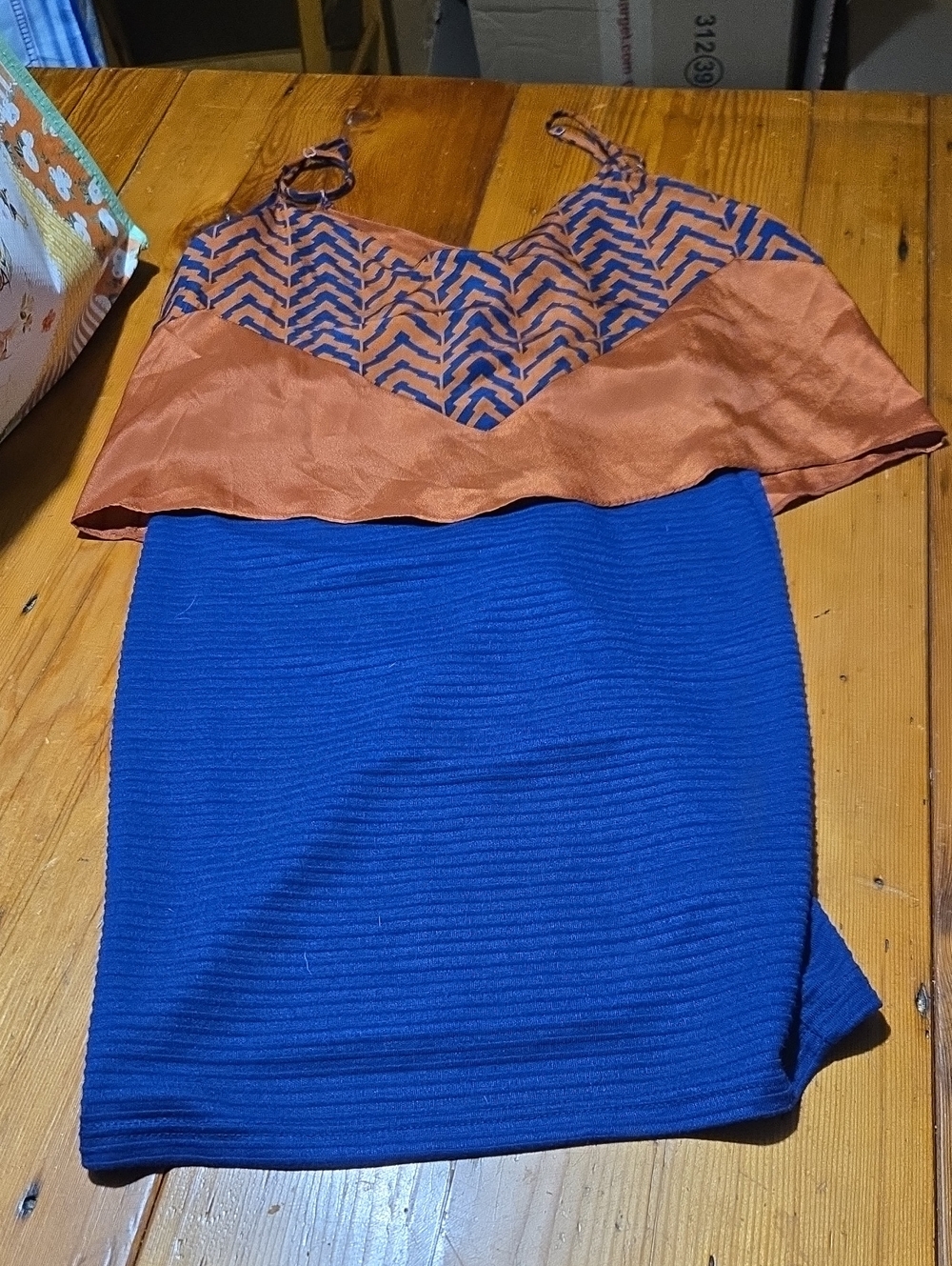 THML Royal Blue Ribbed Pencil Skirt with Rust Accent Top Dress Sz S